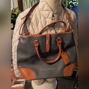 Exc Dooney & Bourke Vtg Lg Tote Bag Green Pebbled Lthr With Tan